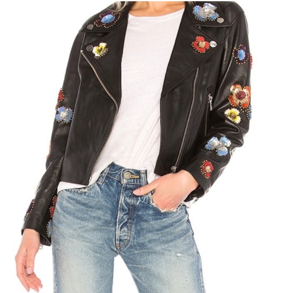 LPA Revolve Black genuine leather floral sequin Jacket 637 Small